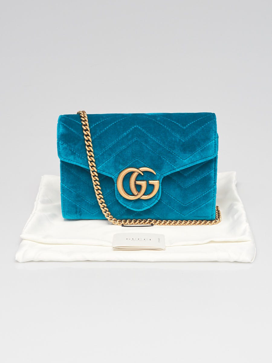 Gucci Velvet GG Marmont Shoulder Bag Pavone Cyan