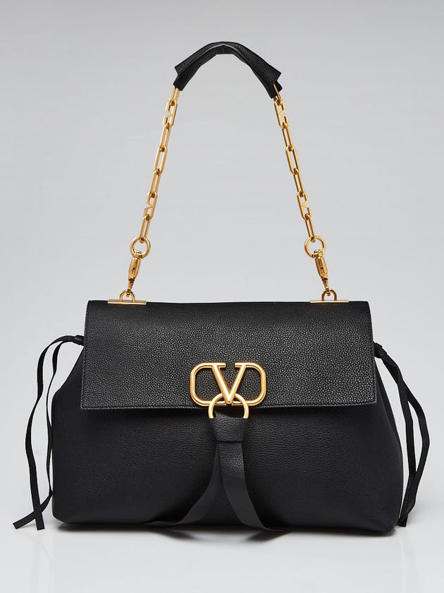 Valentino Black Leather VRING Medium Flap  Shoulder Bag