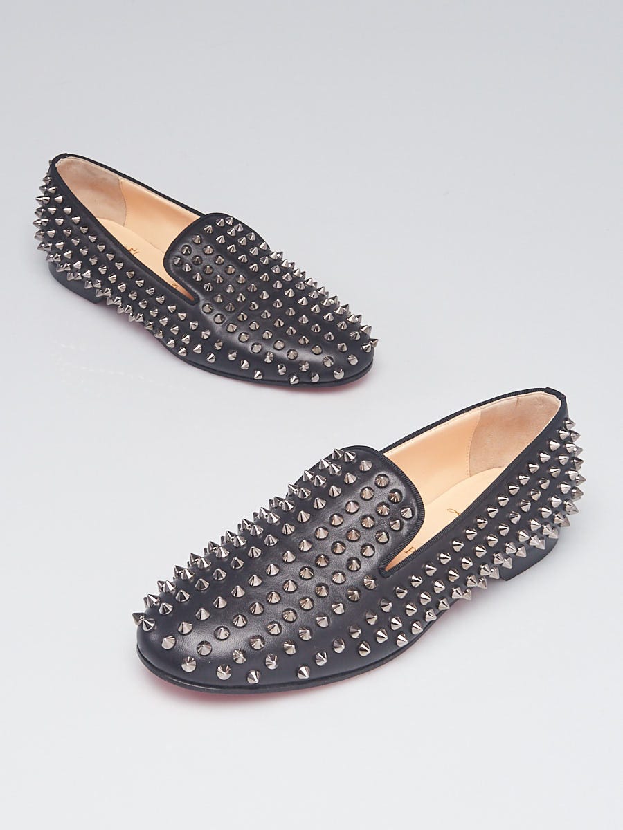 Christian Louboutin Black Leather Rolling Spikes Flat Loafers Size 