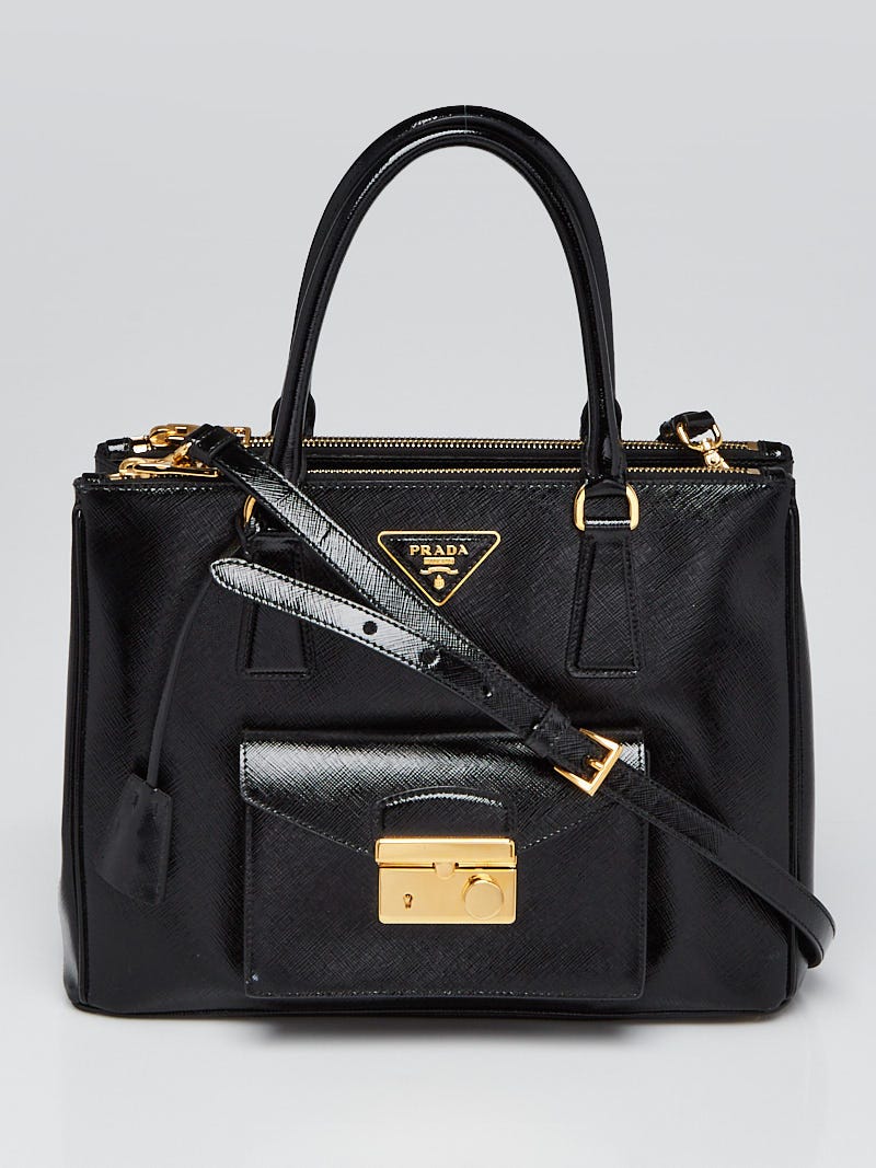 Prada Nero Saffiano Vernice Leather Tote with Cargo Pocket Bag 