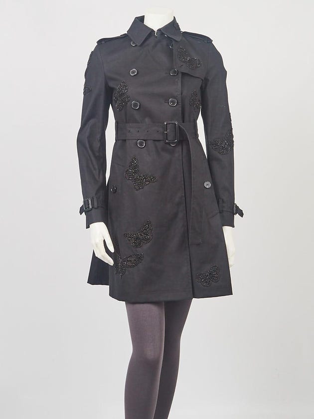Valentino Black Cotton Beaded Butterfly Trench Coat Size 00