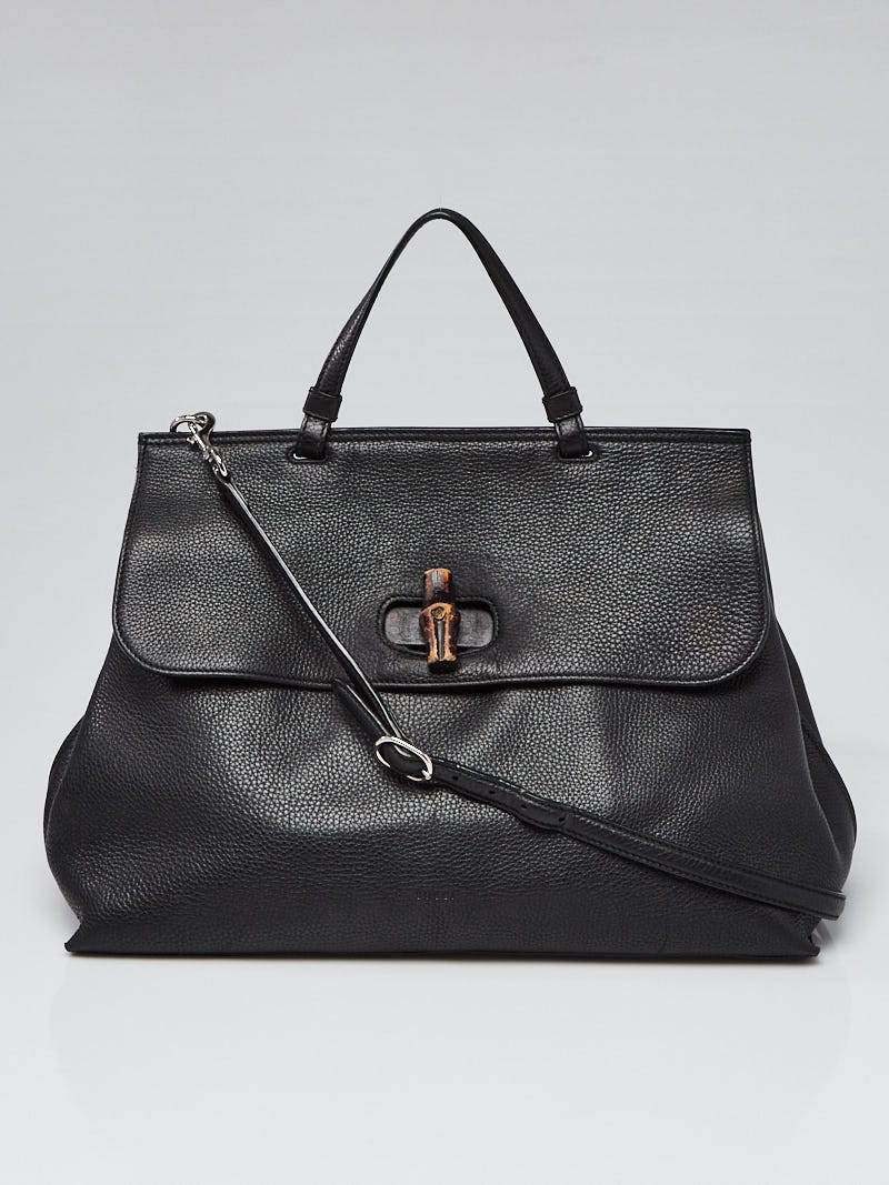 Gucci Black Pebbled Leather Bamboo Daily Top Handle Bag
