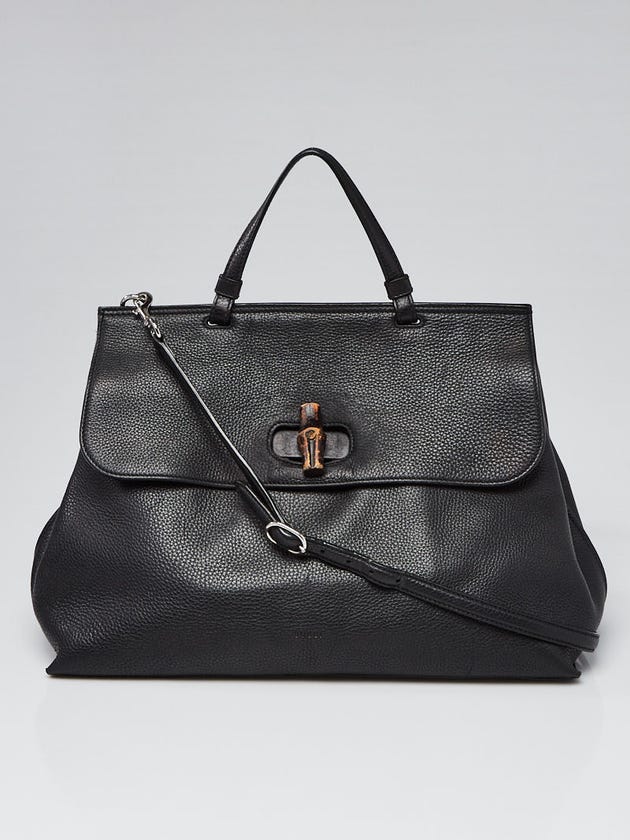 Gucci Black Pebbled Leather Bamboo Daily Top Handle Bag