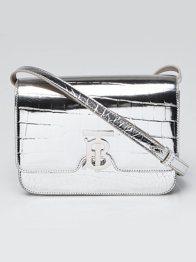 Burberry Metallic Silver Croc Embossed Patent Leather TB Small Shoulder Bag