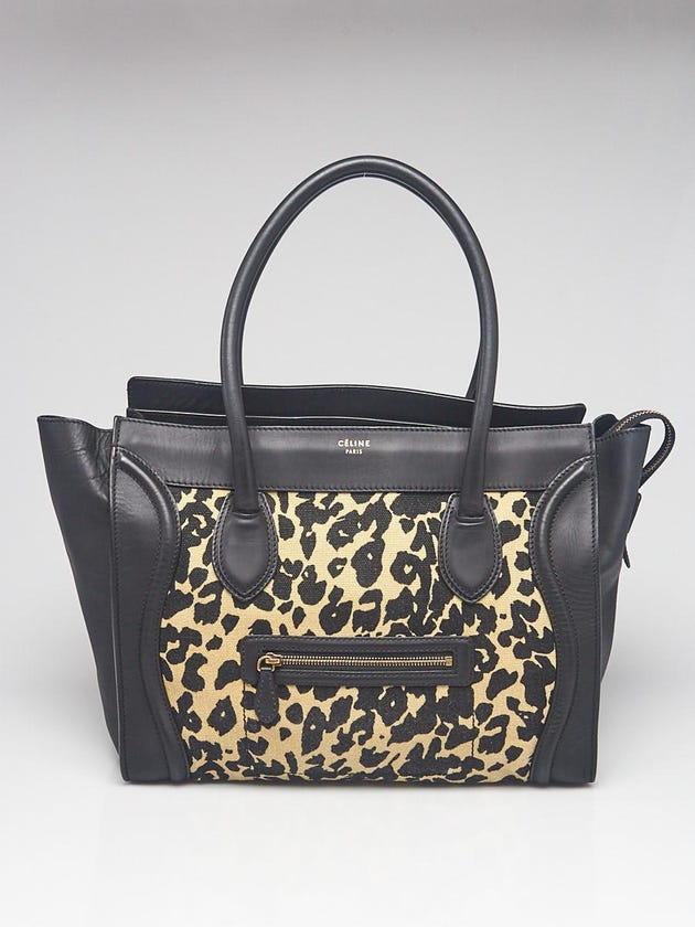 Celine Leopard Print Jute and Black Smooth Leather Shoulder Luggage Tote Bag