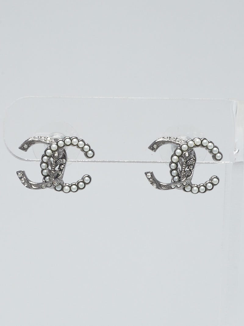 Chanel Grey Crystal and Ruthenium CC Stud Earrings - Yoogi's Closet