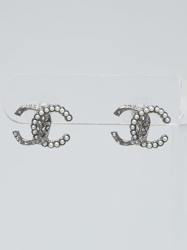 Chanel Ruthenium Metal Pearl and Crystal CC Earrings