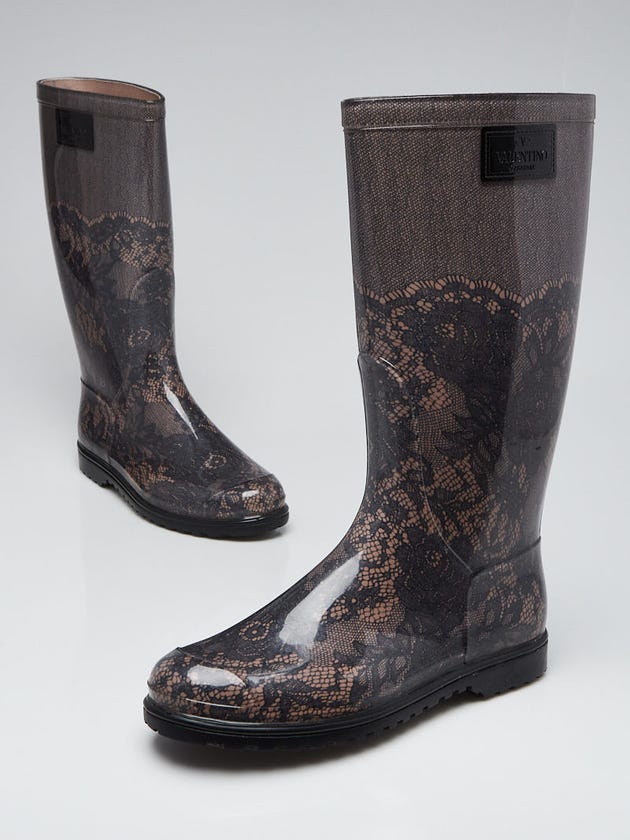 Valentino Black Lace Print Rubber Rain Boots Size 10.5/41