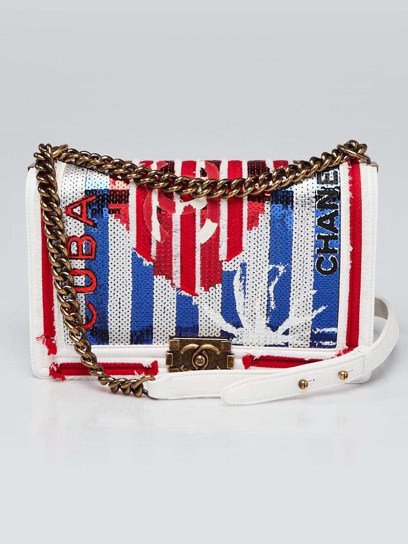 Chanel Red/ White/Blue Sequin and Leather New Medium Cuba Boy Bag - Yoogi's  Closet