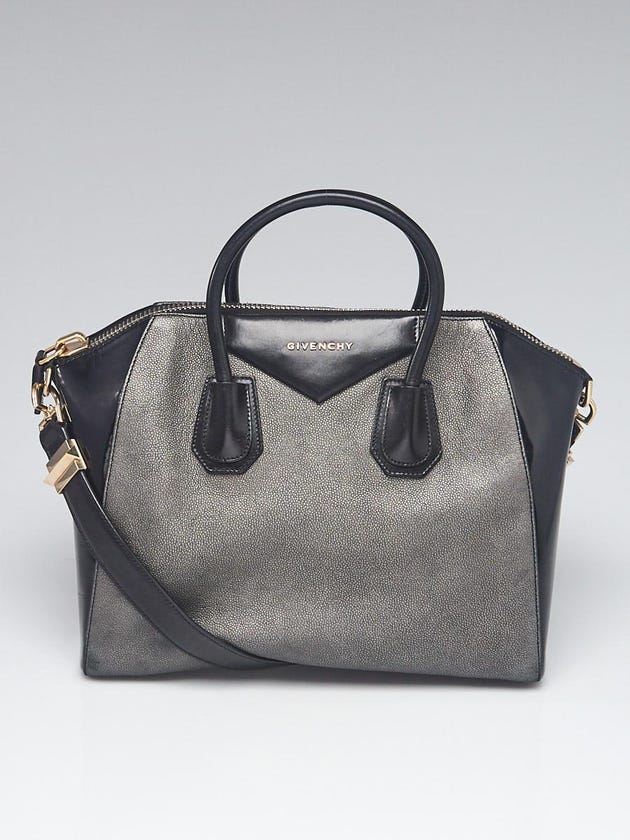 Givenchy Dark Silver/Black Grained and Patent Leather Medium Antigona Bag