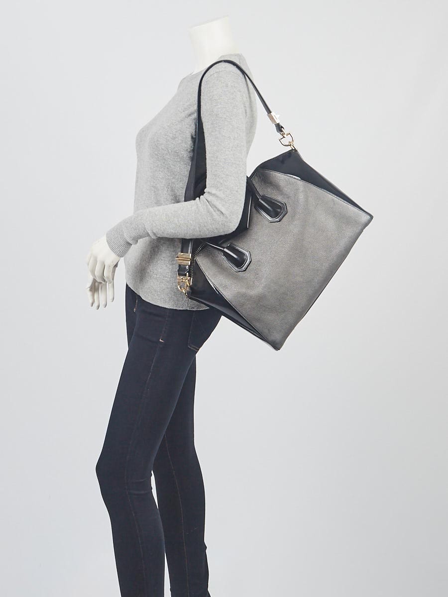 Givenchy Dark Silver/Black Grained and Patent Leather Medium Antigona Bag