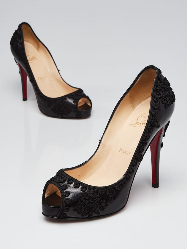 Christian Louboutin Black Leather Very Brode 120  Peep-Toe Pumps Size 6.5/37