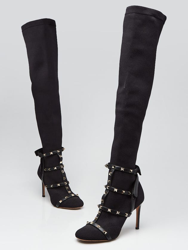 Valentino Black Knit Fabric Rockstud Knee High Boots Size 6.5/37