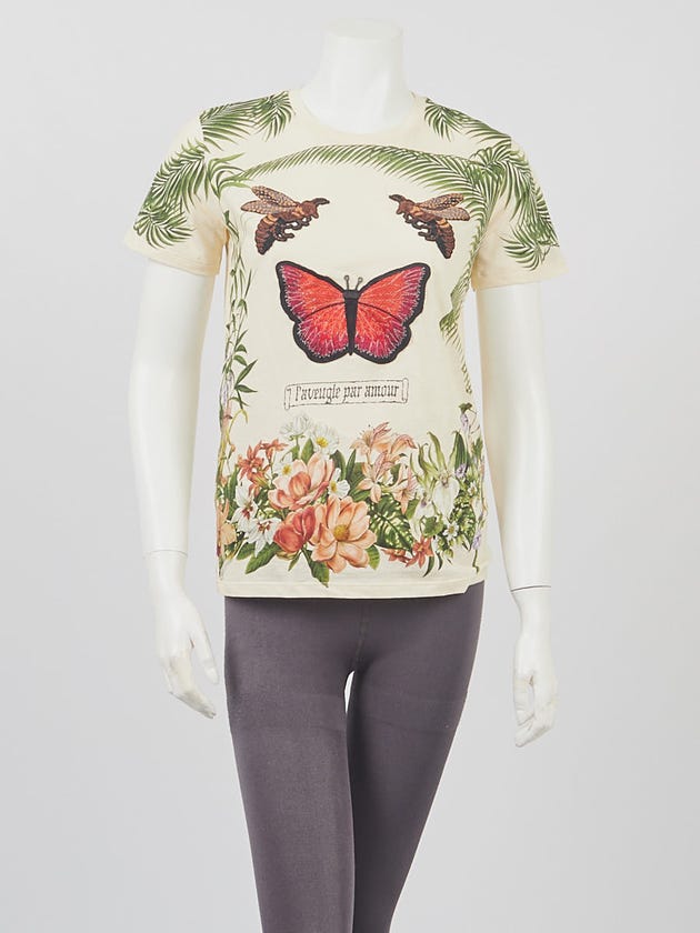 Gucci Pale Yellow/Green Butterfly Embroidered T-Shirt Size S