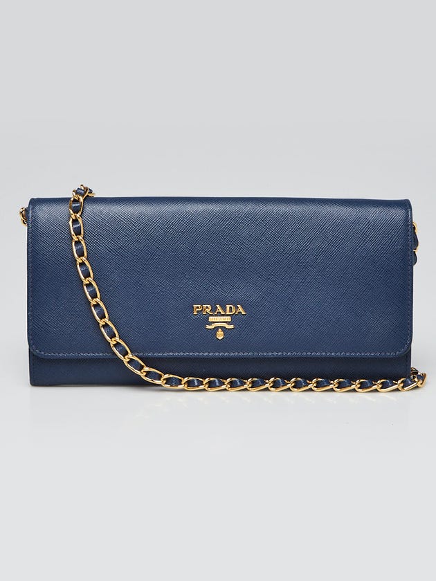 Prada Blue Saffiano Leather Wallet on Chain Clutch Bag 1M1290
