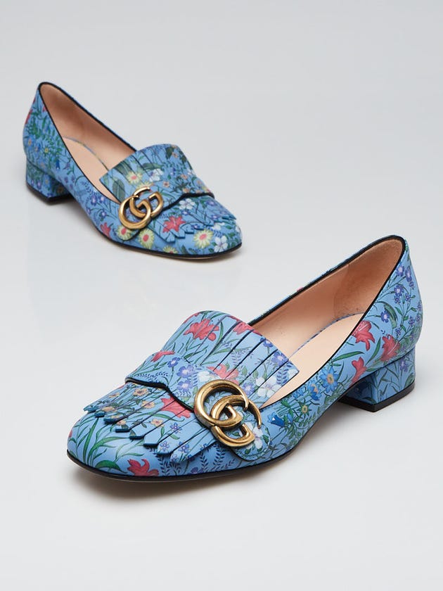 Gucci Blue Floral Print Leather Low-Heel Loafers Size 7.5/38
