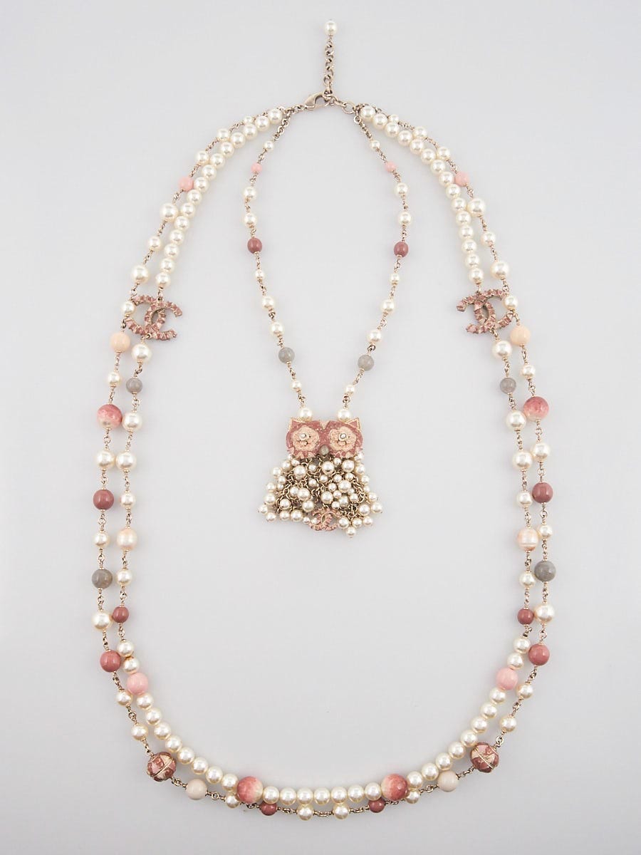 Chanel Pink/White Faux Pearl Owl Necklace
