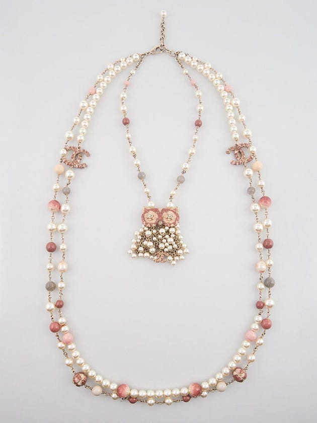 Chanel Pink/White Faux Pearl Owl Necklace 