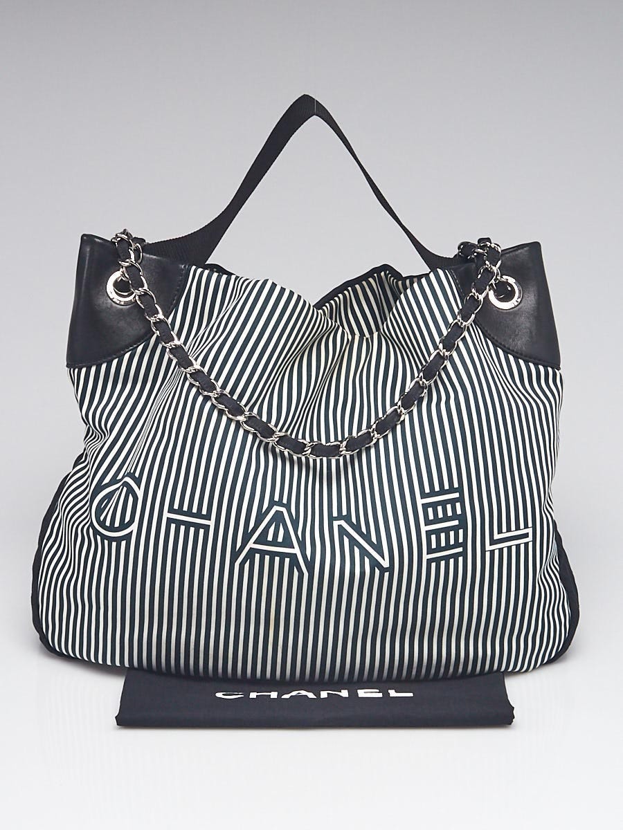 Chanel Black/White Stripe Nylon and Leather Logo Shoulder Bag - Yoogi's  Closet
