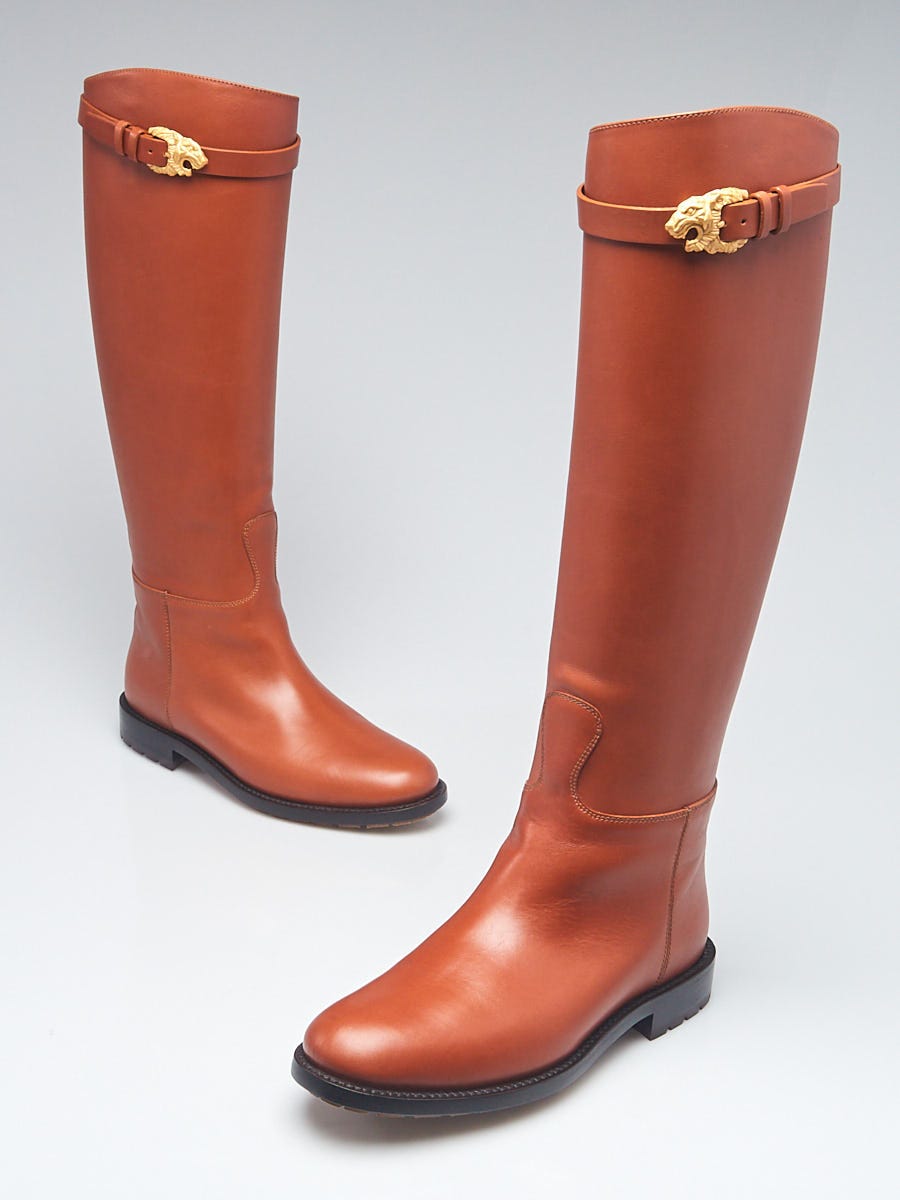 Over the knee outlet cognac leather boots