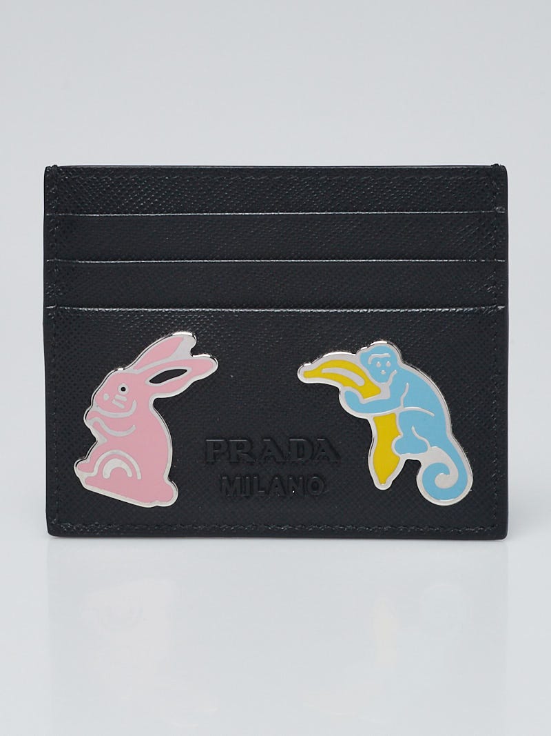 Prada Black Saffiano Leather Metal Pins Card Holder 1MC025 - Yoogi's Closet