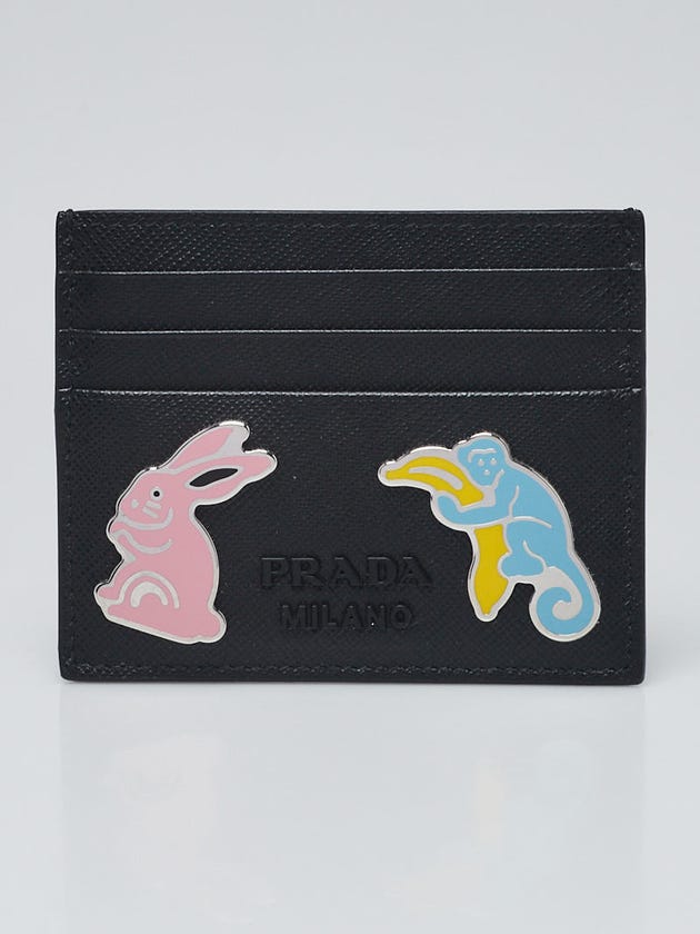 Prada Black Saffiano Leather Metal Pins Card Holder 1MC025