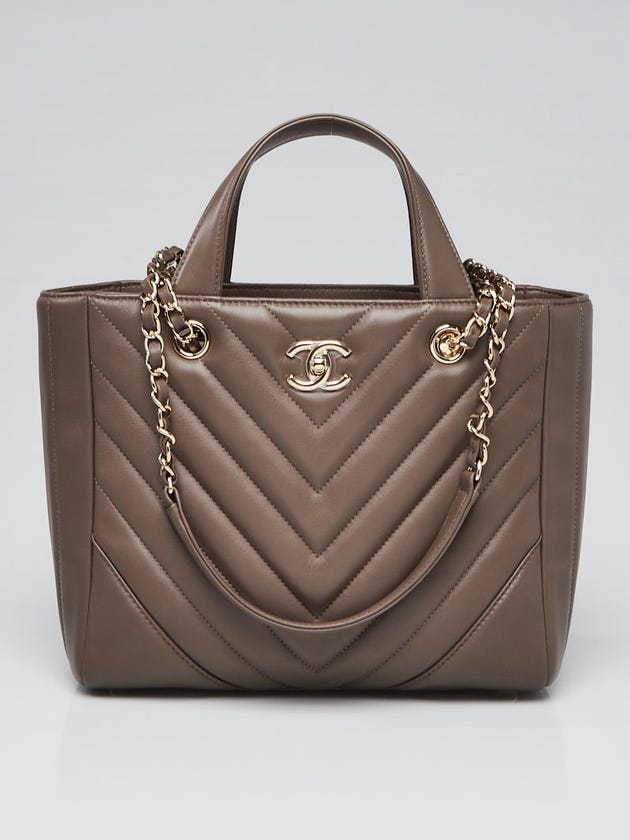 Chanel Khaki Chevron Quilted Lambskin Leather Statement Tote Bag