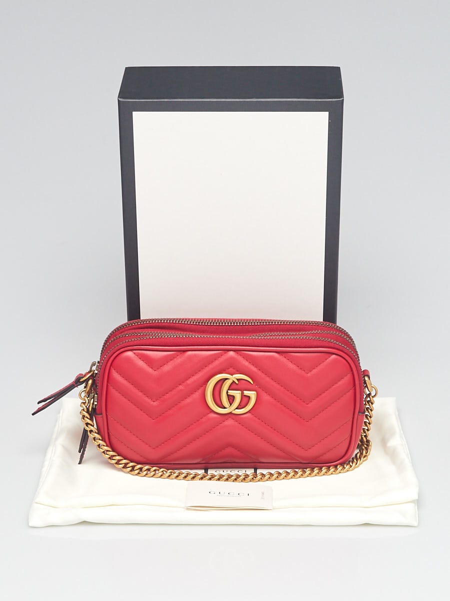 バッグ GUCCI Gucci Red Quilted Leather Marmont Triple Zip Mini Crossbody Bag