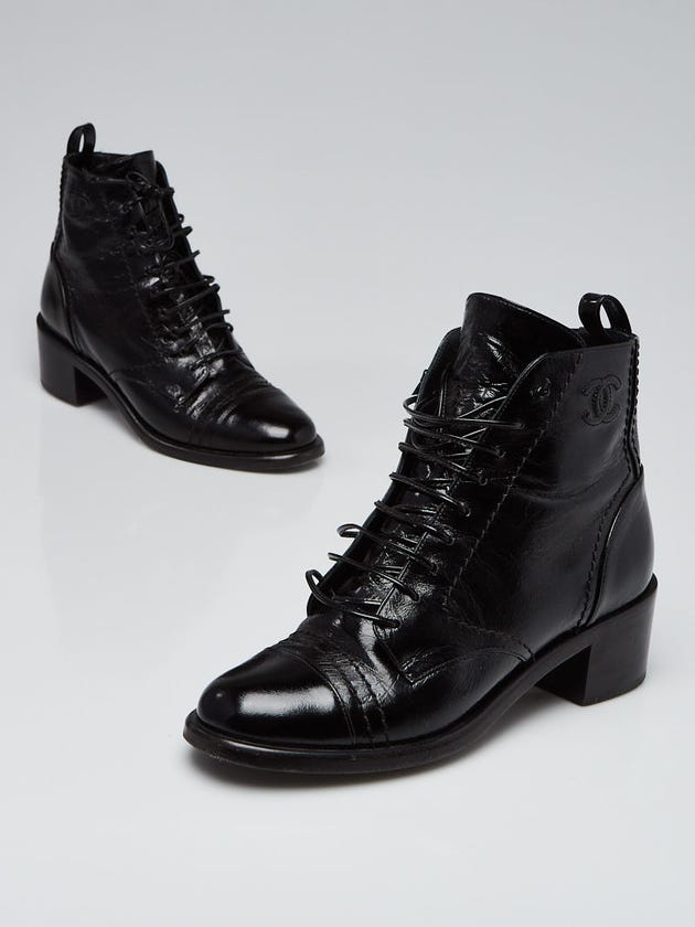 Chanel Black Glazed Calfskin Leather Lace Up Ankle Boots Size 5.5/36