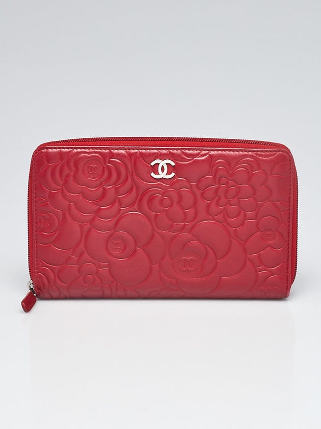 Chanel Red Camellia Embossed Lambskin Leather Zippy Organizer Wallet