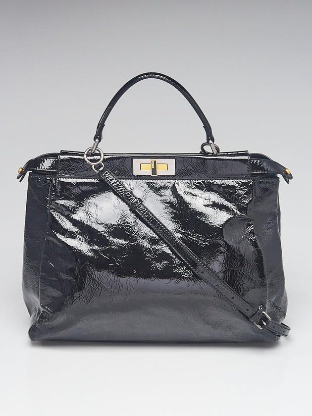 Fendi Black Crinkled Patent Leather Large Peekaboo Bag 8BN210