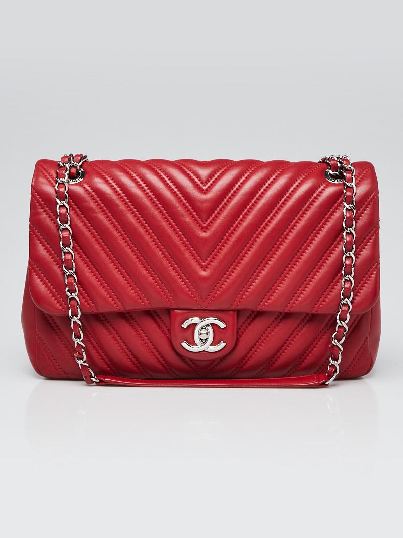 Chanel Red Chevron Quilted Lambskin Leather Double Stitch Jumbo Single Flap  Bag - Yoogi's Closet
