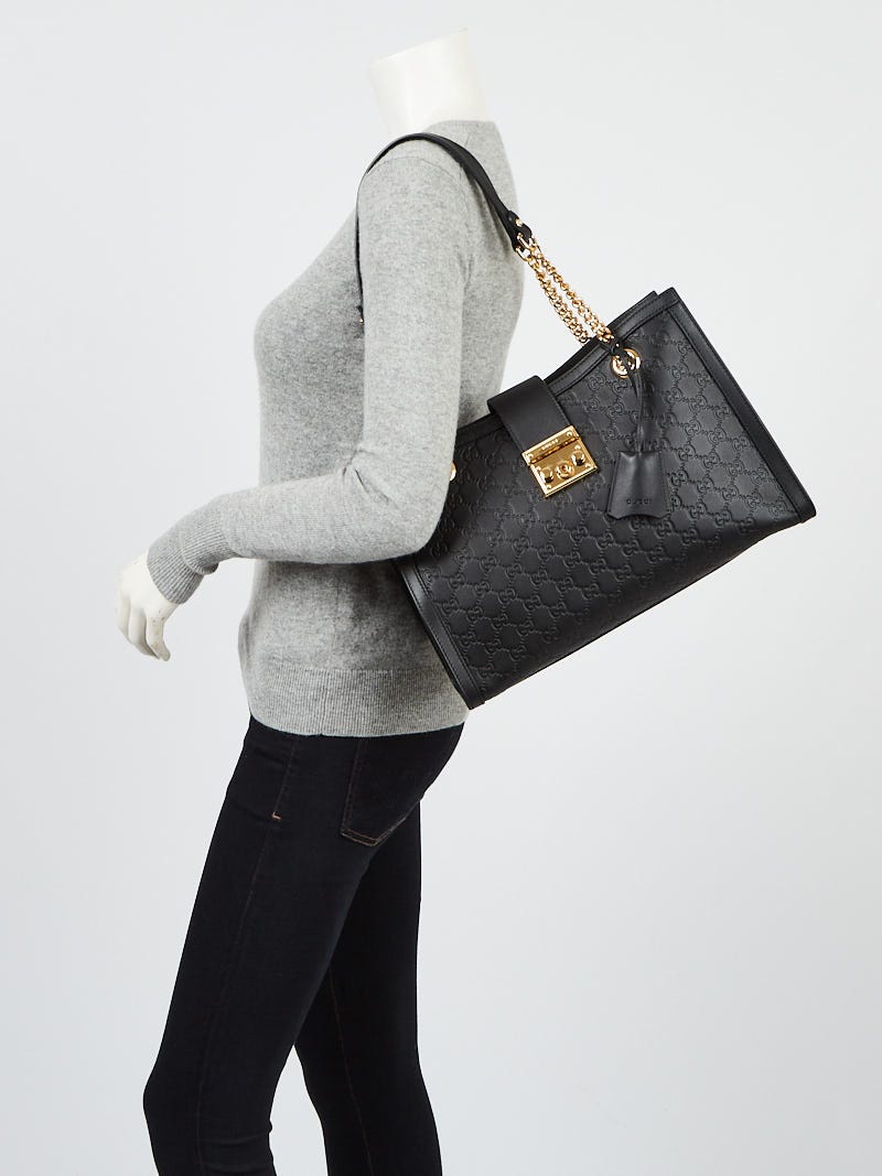 Gucci padlock embossed online leather tote in black