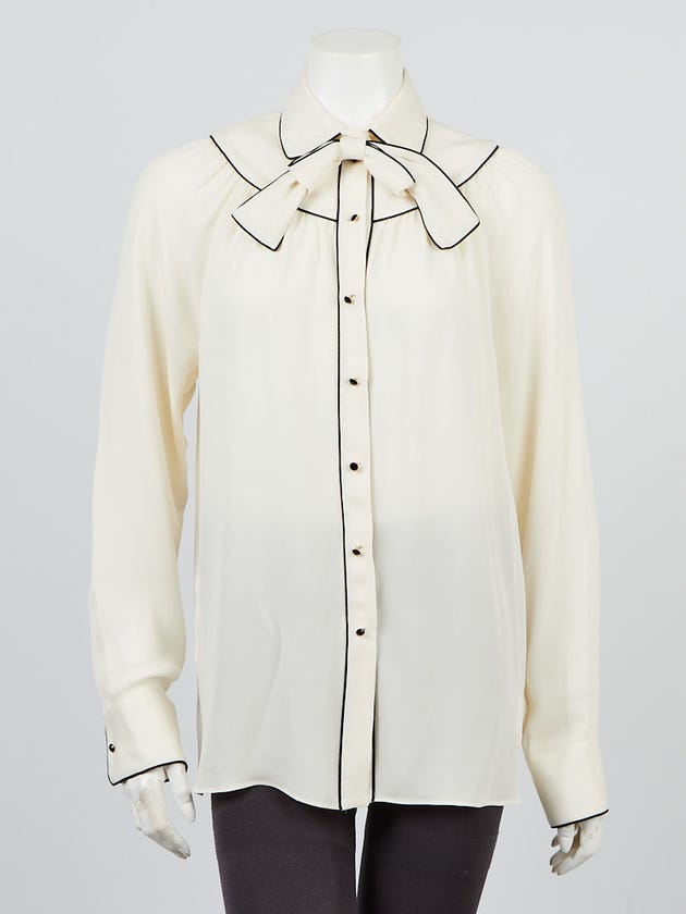 Valentino White Silk Long Sleeve Piped Pussy-Bow Blouse Size 6/40