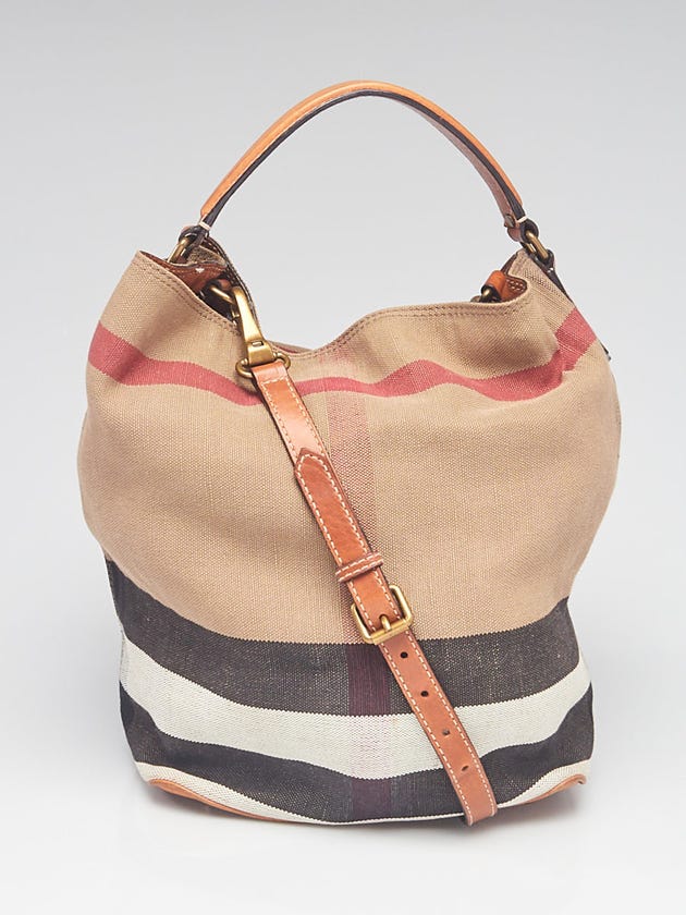 Burberry Brown Leather and Check Canvas Medium Ashby Bag