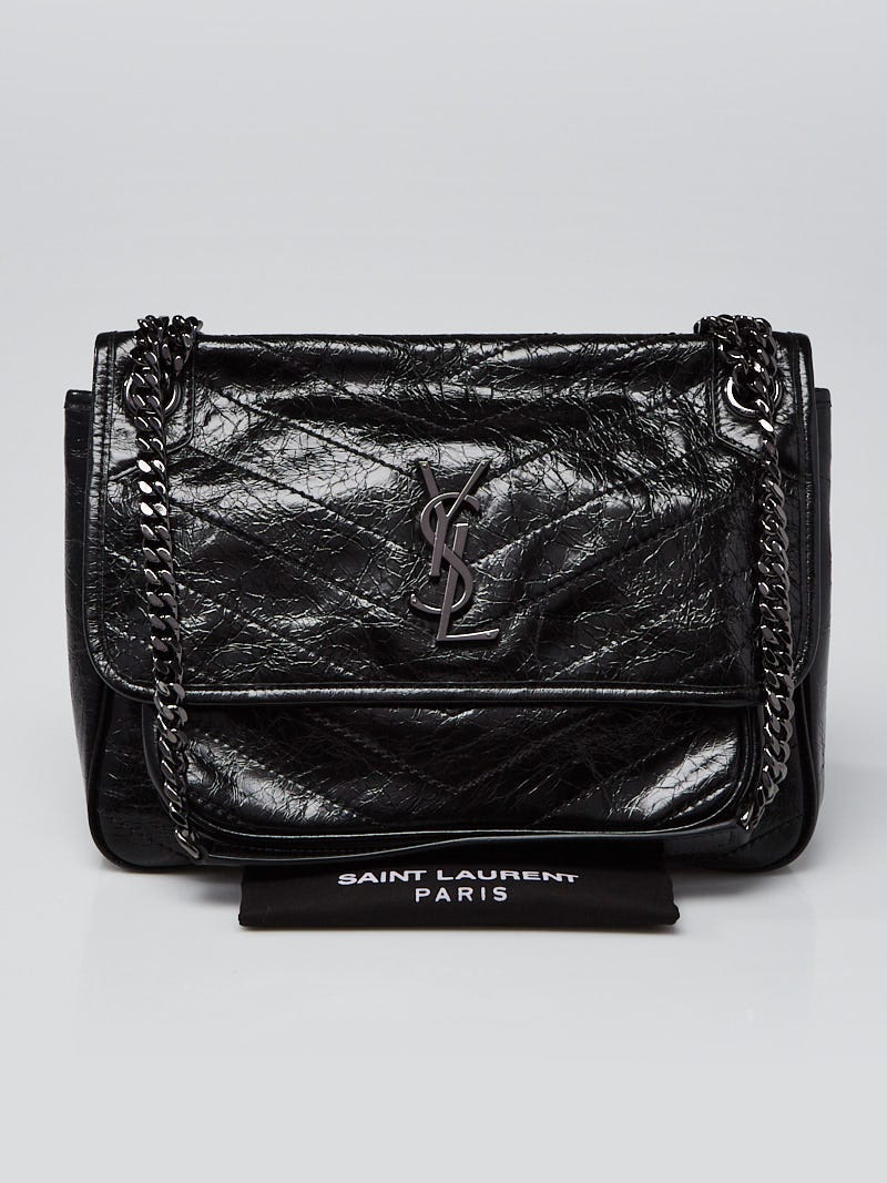 Authentic YSL Yves Saint Laurent Black Crinkled Leather Medium Niki  Shoulder Bag