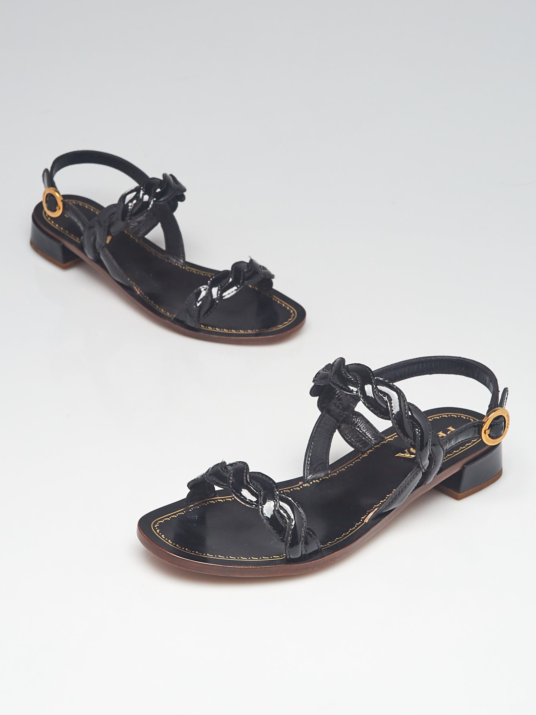 Prada Black Patent Leather Braided Flat Sandals Size 6/ - Yoogi's Closet