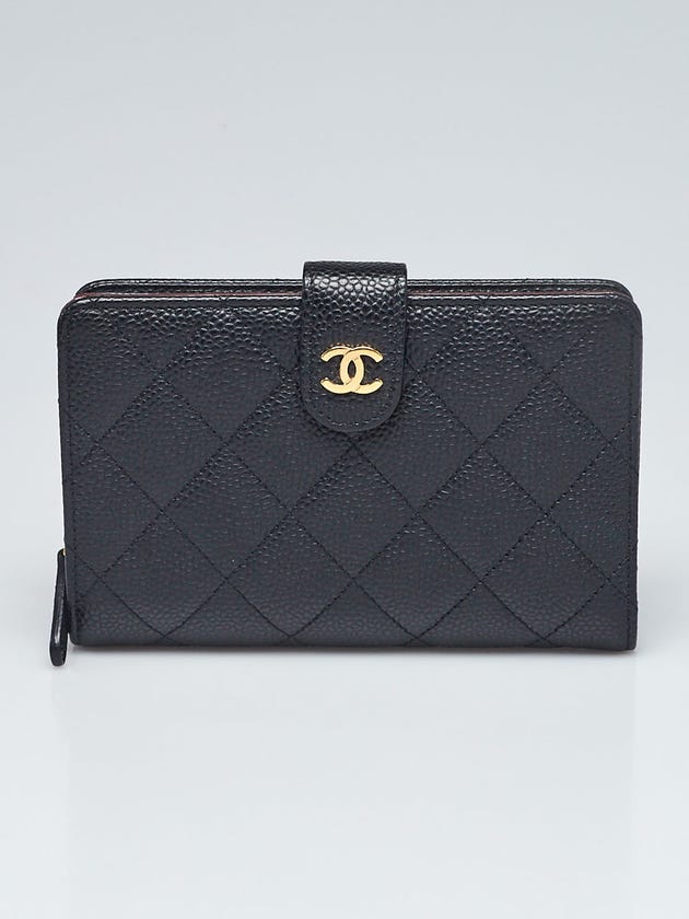 Chanel Black Quilted Caviar Leather L-Zip Compact French Purse Wallet