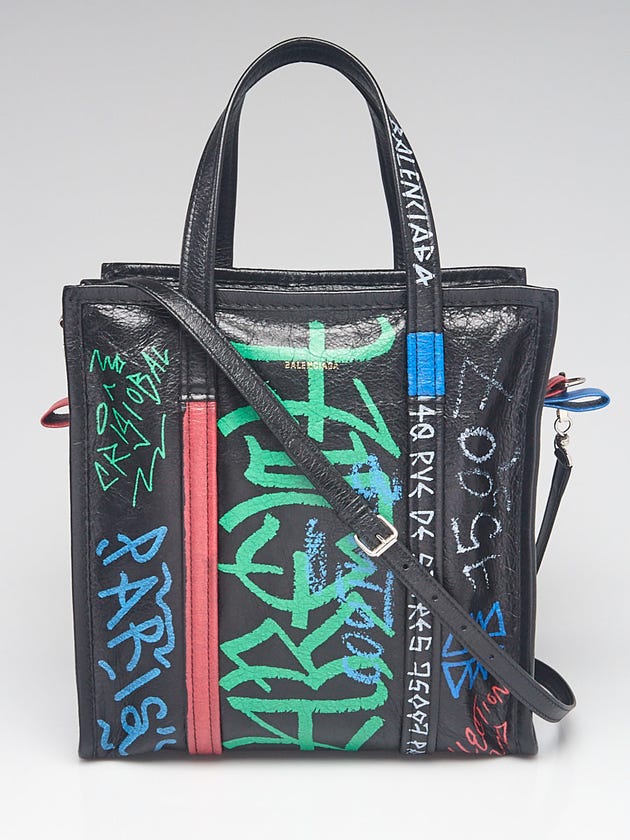 Balenciaga Black/Multicolor Graffiti Soft Lambskin Leather Bazar Small Shopping Tote Bag