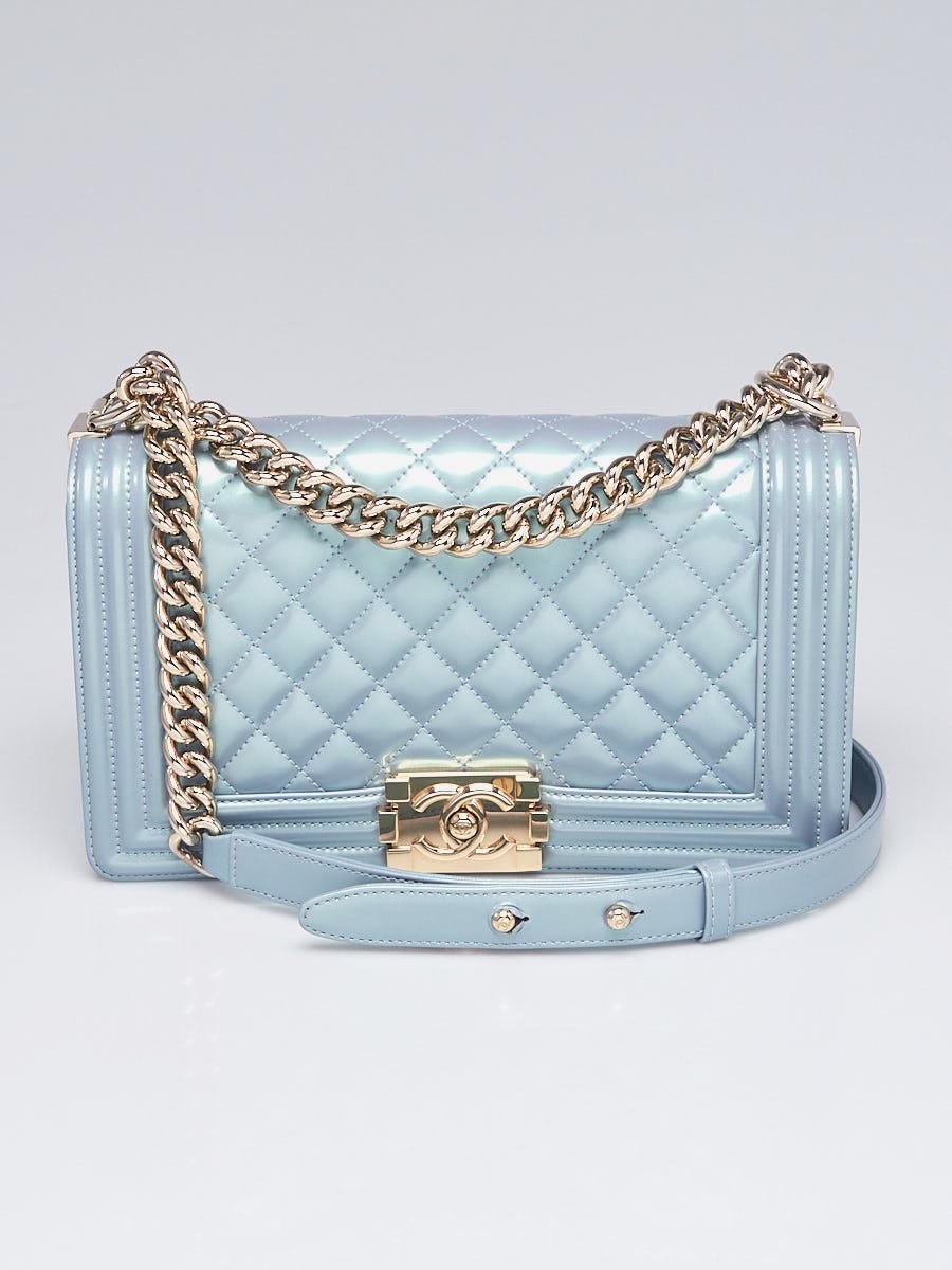 Chanel Light Blue Quilted Patent Leather Medium Boy Bag - Yoogi's Closet