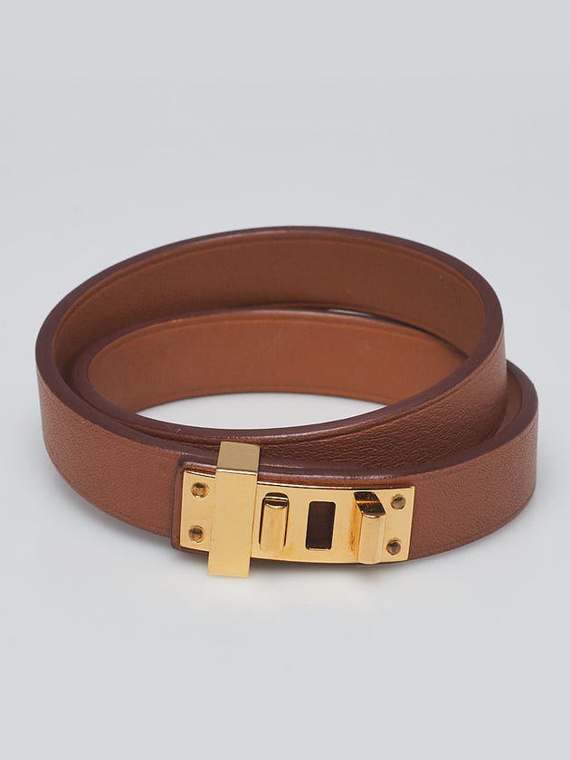 Hermes Gold Leather Mini Dog Double Tour Bracelet Size T3