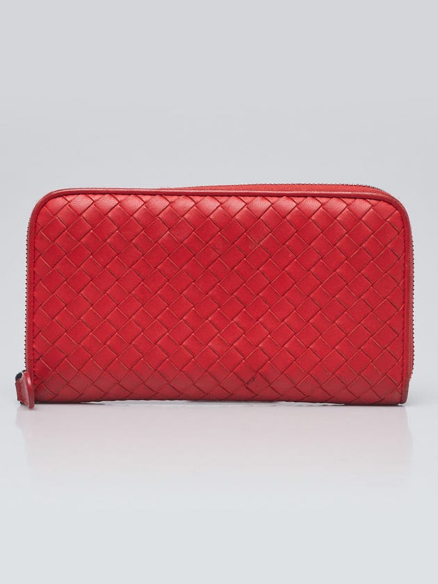Bottega Veneta Red Intrecciato Woven Nappa Leather Zip Around Wallet