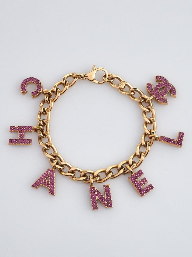 Chanel Goldtone and Purple Crystal Logo Charm Bracelet