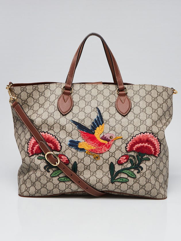 Gucci Beige GG Coated Canvas Supreme Embroidered Floral Tote Bag