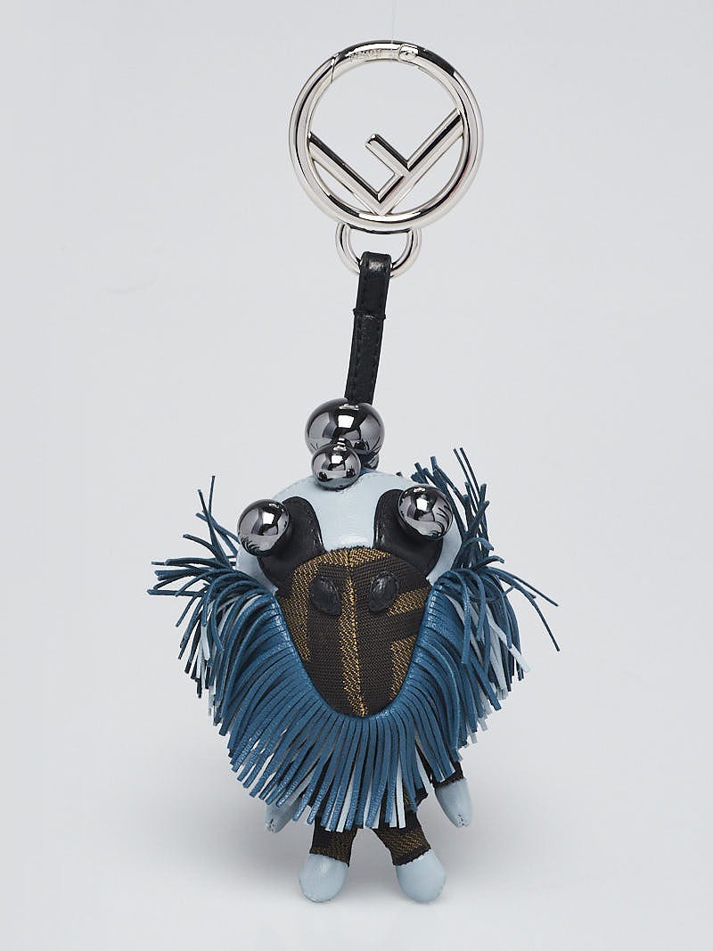 Fendi Blue Brown Leather Canvas Space Monkey Key Chain and Bag Charm Yoogi s Closet