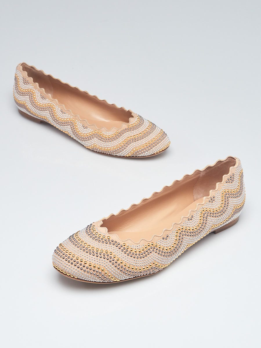 Chloe Beige Suede Studded Scalloped Lauren Ballet Flats Size 10 ...