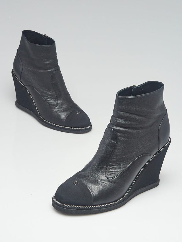 Chanel Black Metallic Lambskin Leather Cap Toe Wedge Booties Size 10.5/41