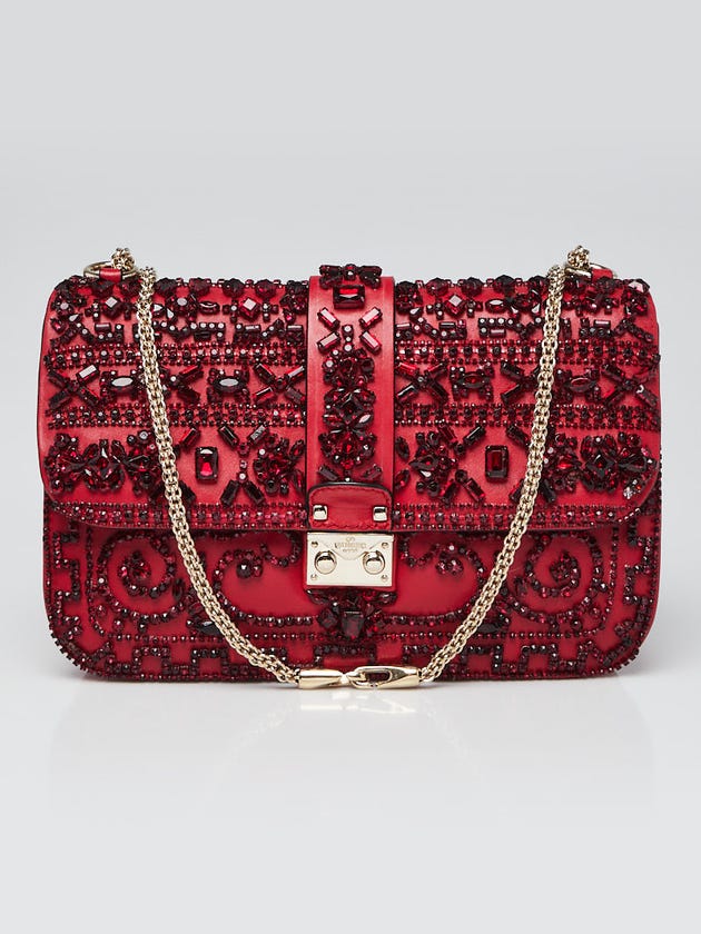 Valentino Red Calfskin Leather and Crystal Glam Lock Large Flap Bag