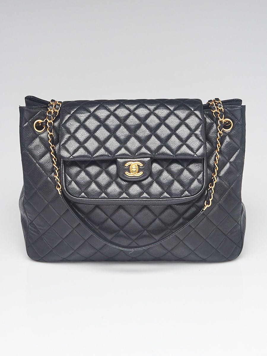 Chanel Black Quilted Caviar Leather Flap Large Shopping Tote Bag