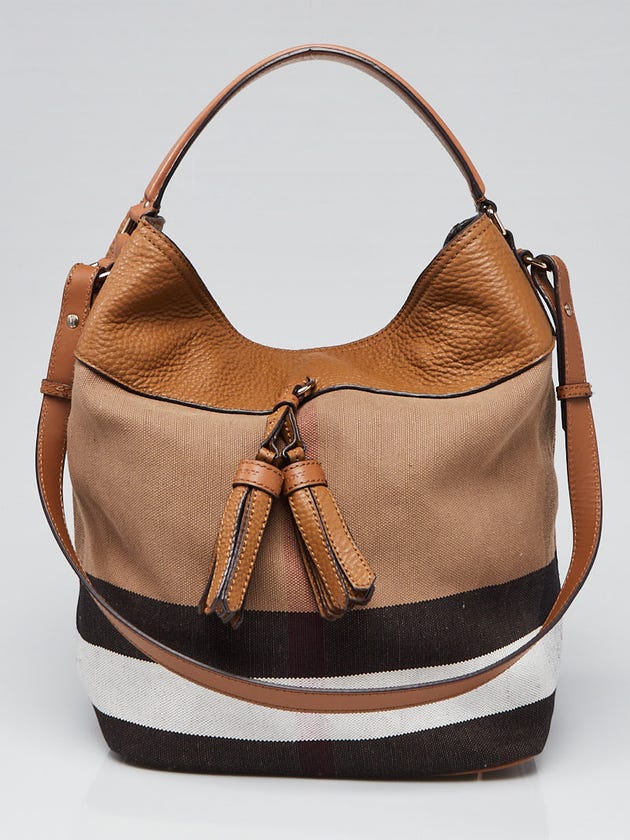 Burberry Saddle Brown Leather and Check Canvas Medium Ashby Bag